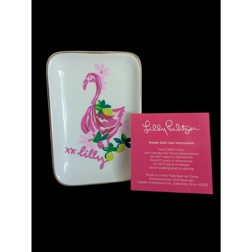 Lilly Pulitzer Flamingo Gold Trim Trinket Dish Jewelry Organizer Rectangle Tray